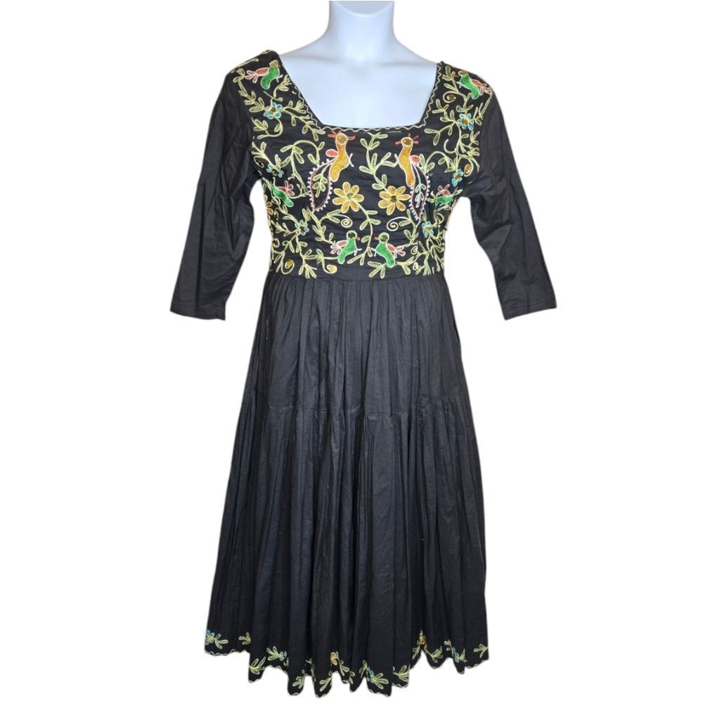 VINTAGE 90s black embroidered boho floral peasant lagenlook midi dress S